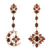 Garnet Moon & Sun earrings: Gold drop earrings with red garnet and pearl accents; celestial moon & sun design.