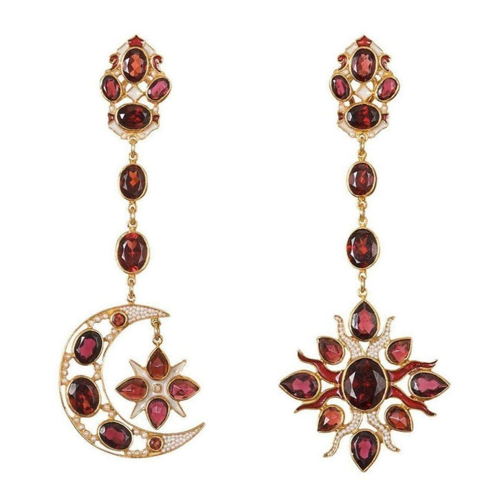 Garnet Moon & Sun earrings:  Gold drop earrings with red garnet and pearl accents; celestial moon & sun design.