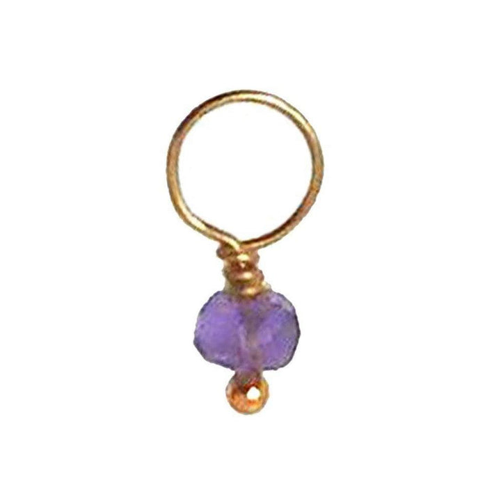 Purple gemstone charm with gold wire and bead accents.