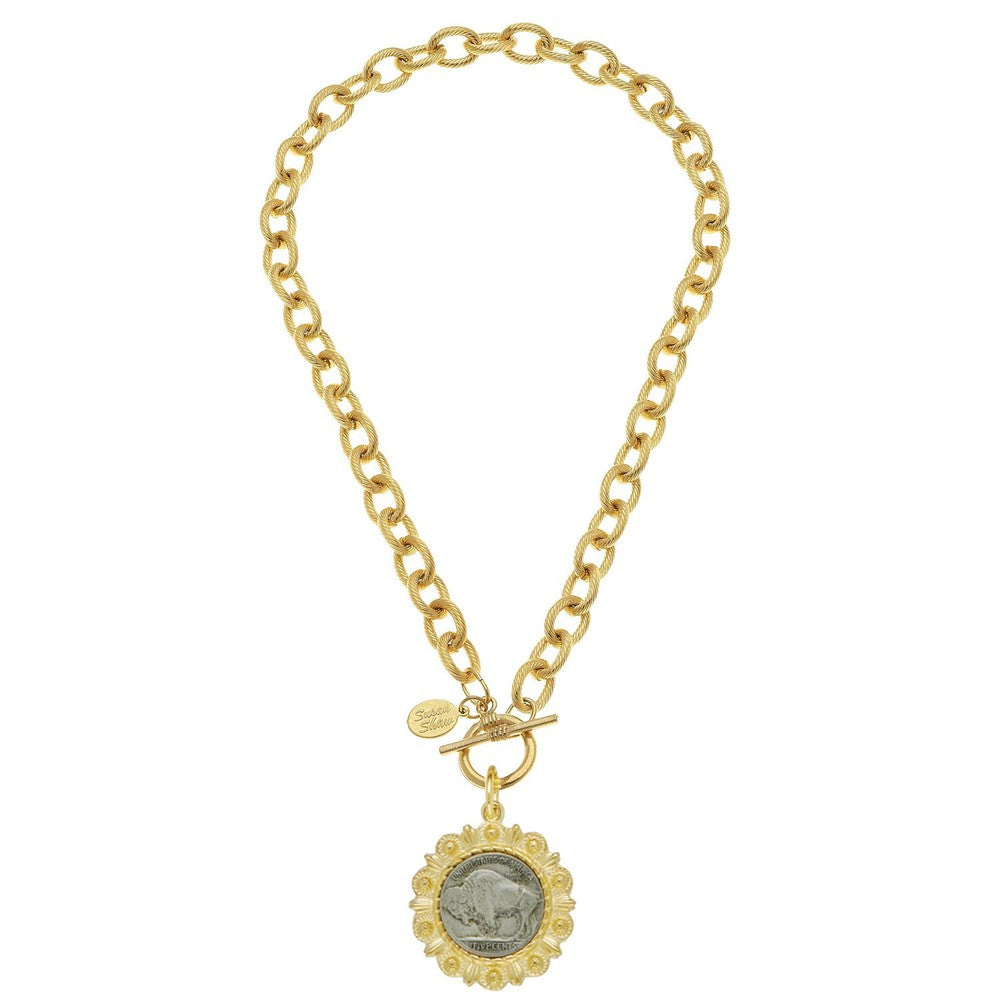 Genuine Buffalo Nickel on 24kt Gold Plated Necklace-Susan Shaw-Swag Designer Jewelry