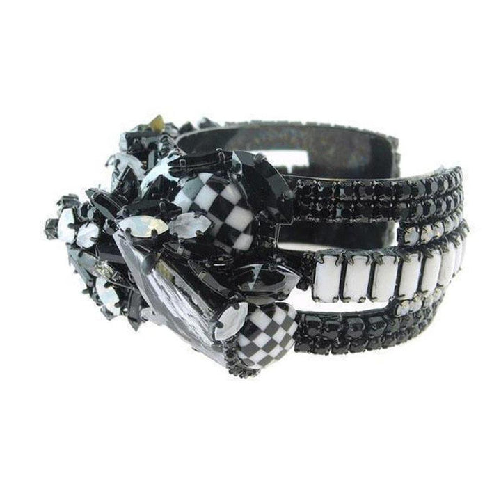 Black and white jeweled cuff bracelet with checkerboard and crystal accents.
