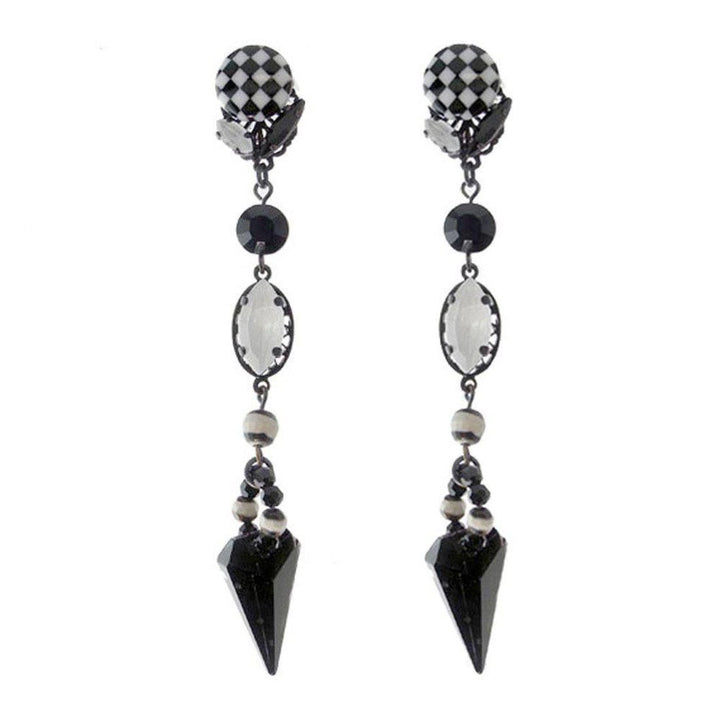 Black and white checkerboard clip-on earrings with black and clear crystal accents.