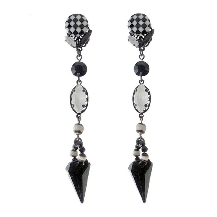 Black and white checkerboard clip-on earrings with black and clear crystal accents.