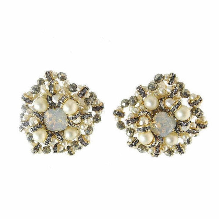 Girlie Queen pearl & pyrite statement earrings with opal center