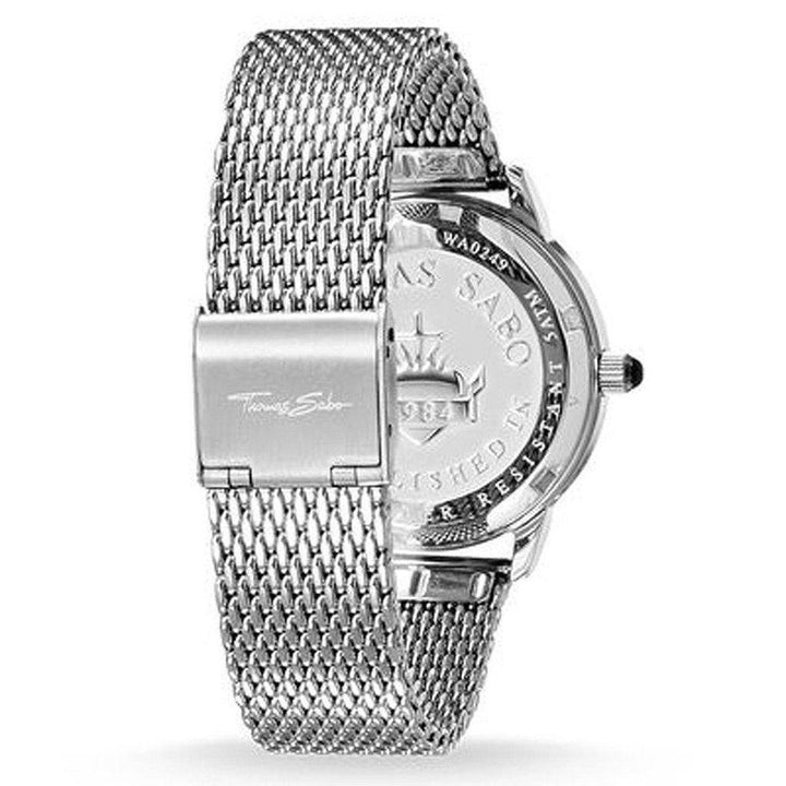 Silver mesh band watch back; detailed view of clasp and engraved details.