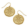 Gold Bee On Wire earrings: Gold-tone bee charm on round disc, beaded edge, stylish drop earrings.