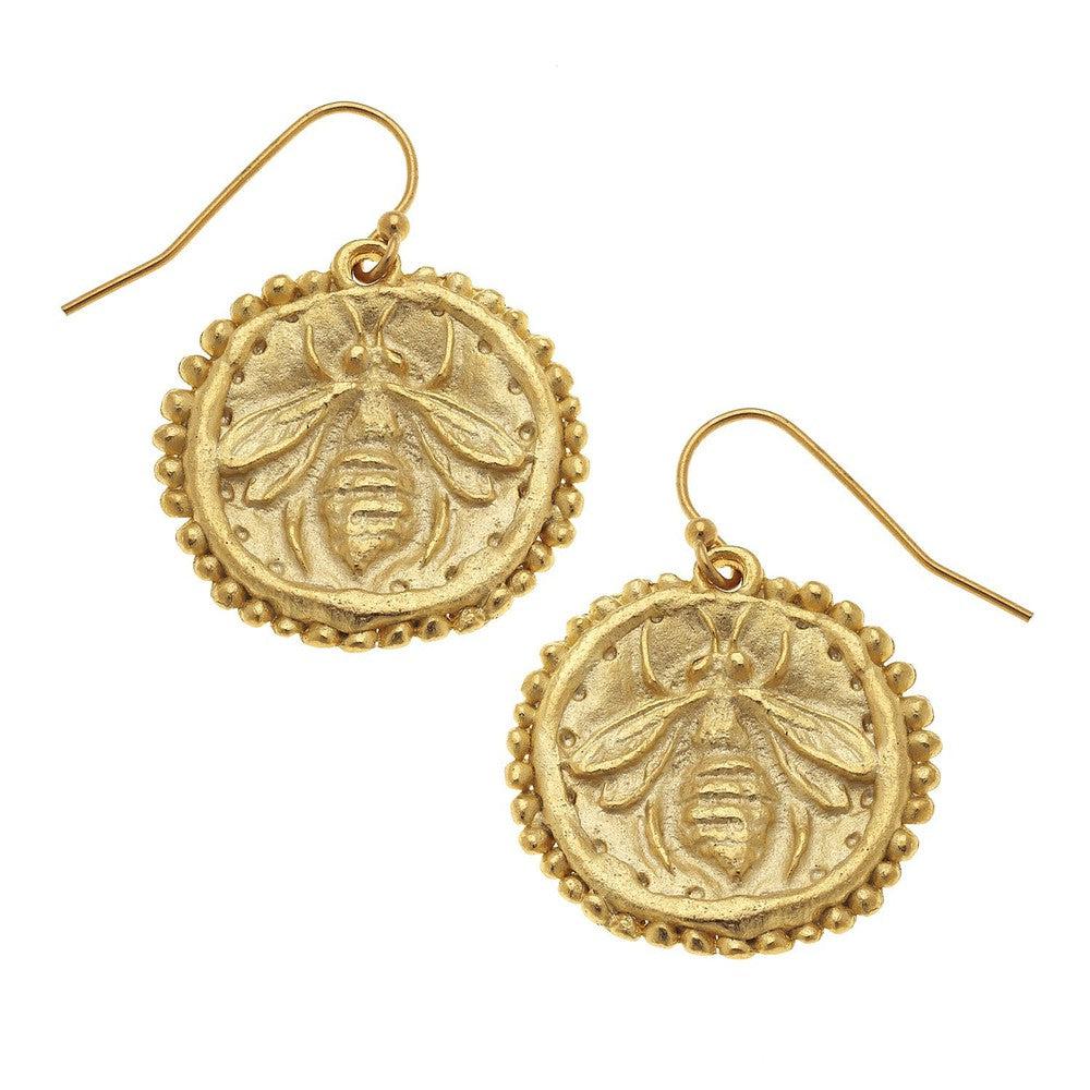 Gold Bee On Wire earrings: Gold-tone bee charm on round disc, beaded edge, stylish drop earrings.