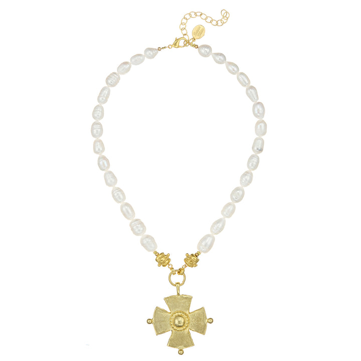 Gold Cross on Pearl Strand-Susan Shaw-Swag Designer Jewelry