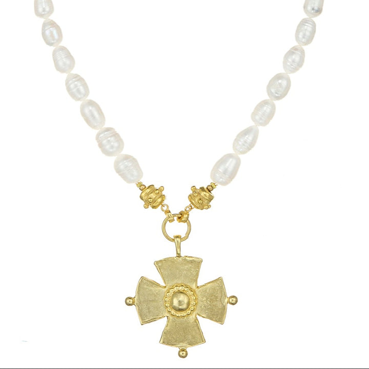 Gold Cross on Pearl Strand-Susan Shaw-Swag Designer Jewelry