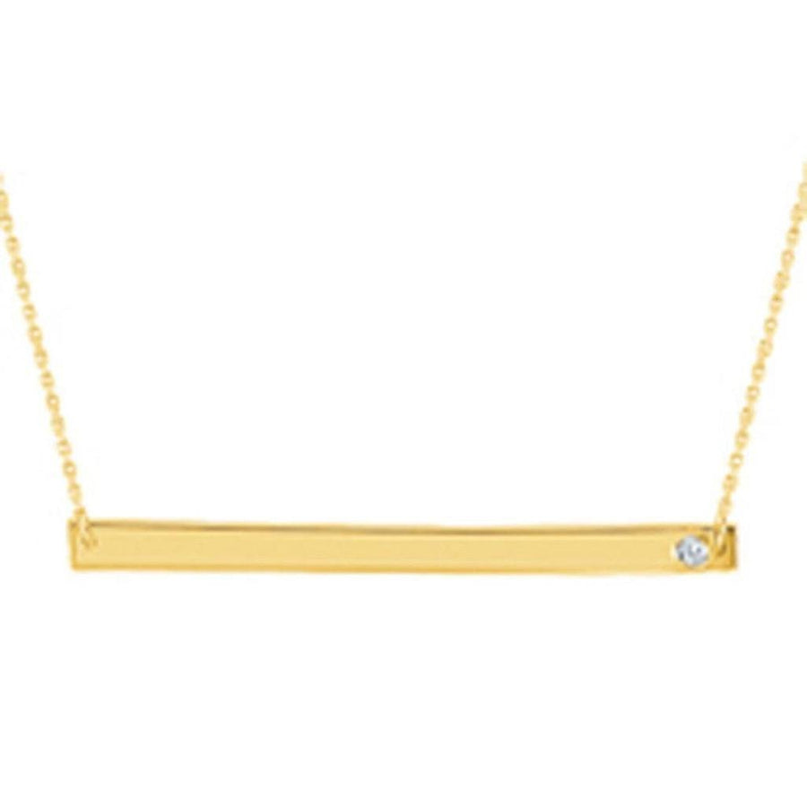 Gold bar necklace with diamond accent, engravable for personalization.