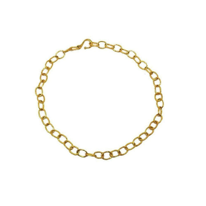 Gold chain necklace with textured links, clasp closure.