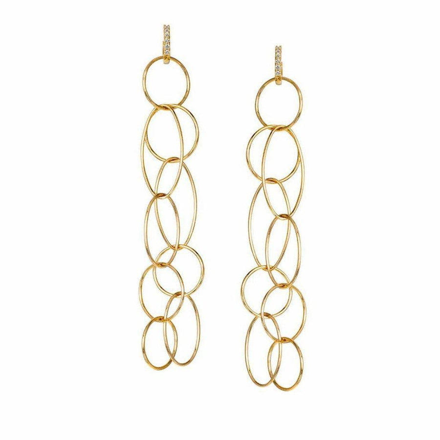 Gold long hoop earrings with CZ stones, featuring a delicate chain of interconnected circles.