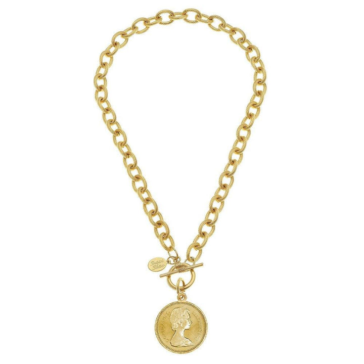 Gold coin pendant necklace with a thick chain.