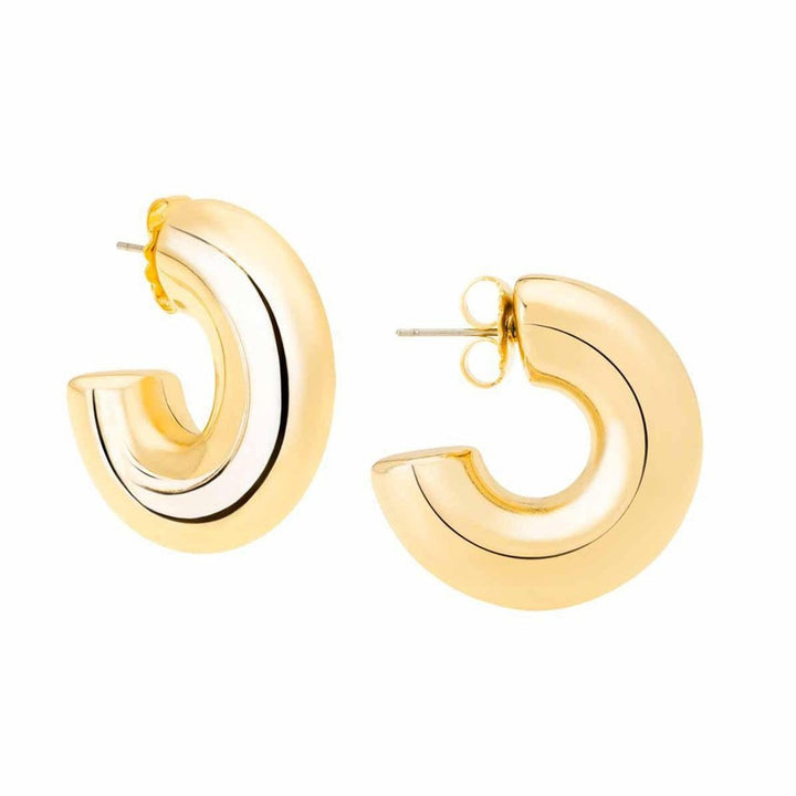 Gold small hoop earrings with two-tone design.