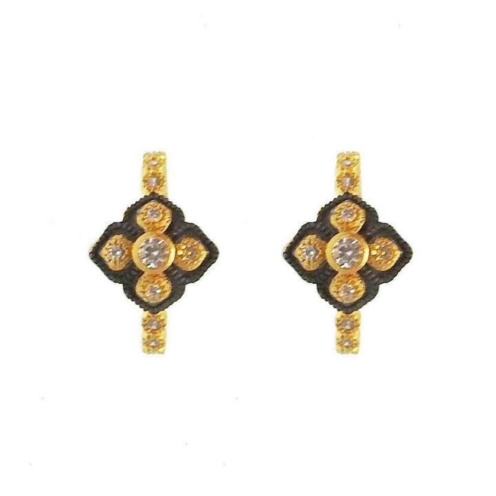 Gold Vermeil hoop earrings with black enamel & sparkling cubic zirconia accents.