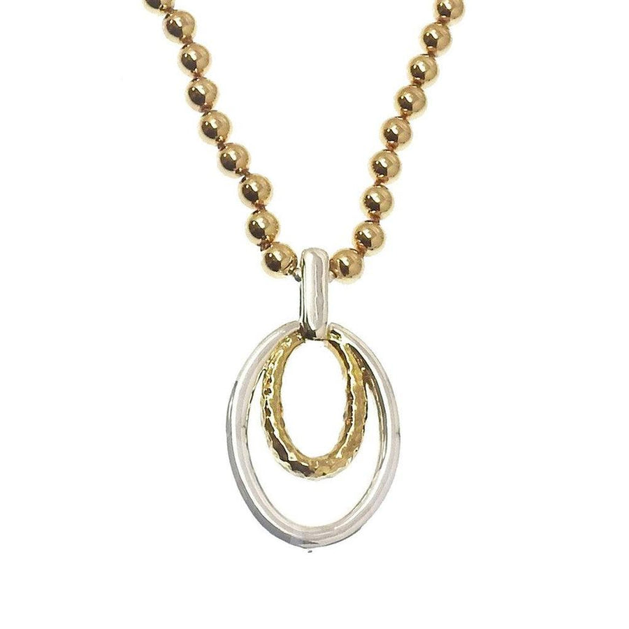 Gold and silver double oval drop necklace with gold bead chain.