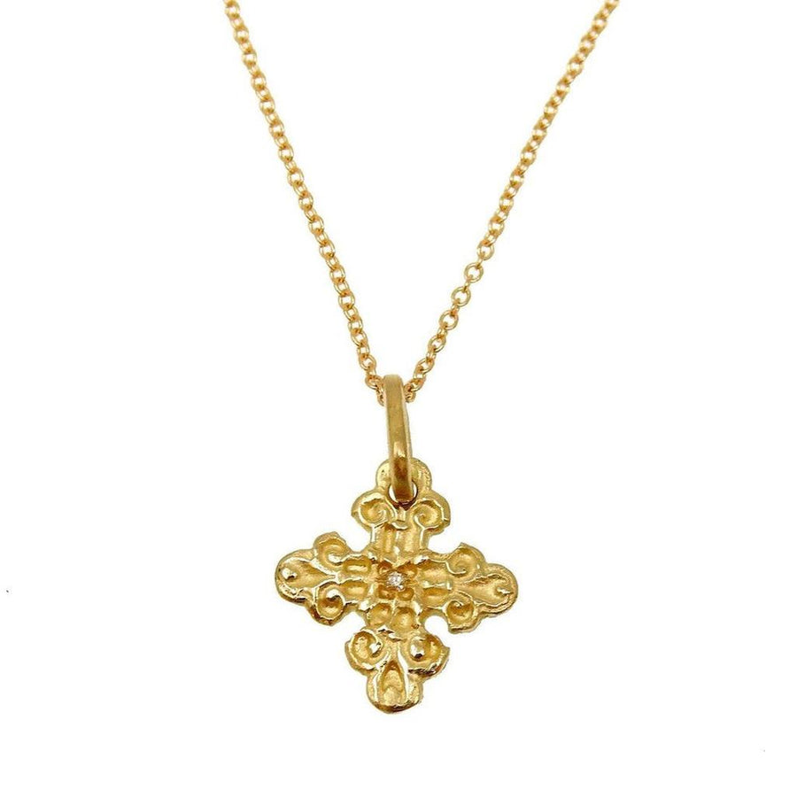 Gold Gothic cross necklace with tiny diamond accent