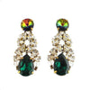 Emerald green crystal drop earrings with iridescent and clear crystal accents.