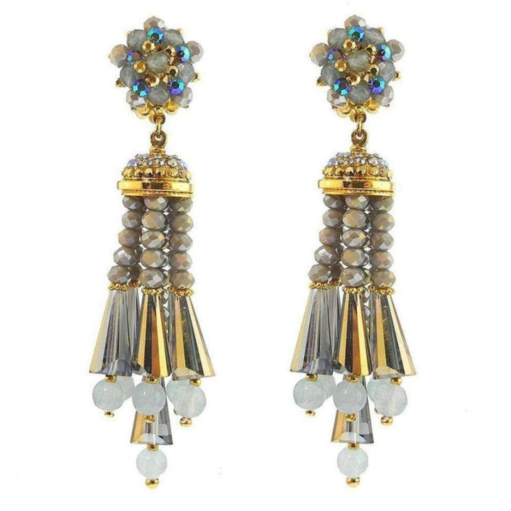Grey beaded tassel clip earrings with iridescent accents and gold detailing.