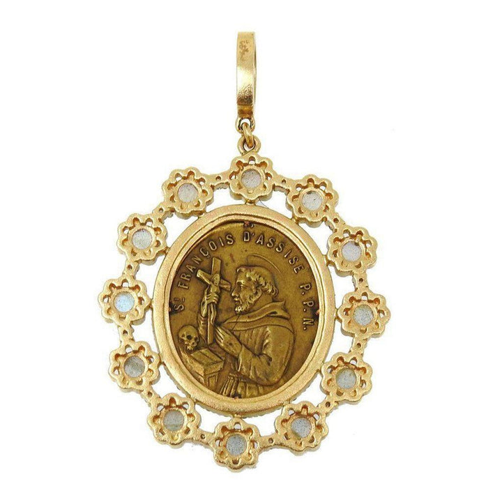 Gold St. Francis of Assisi medal pendant, ornate floral frame.