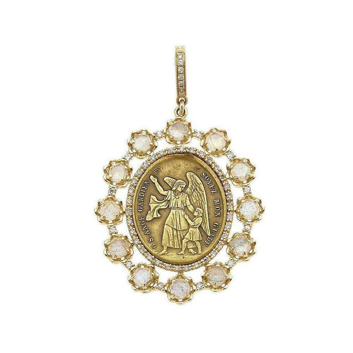 Gold Guardian Angel Medallion pendant with moonstone and diamond halo.