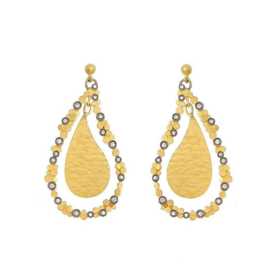 Hammered 24k gold teardrop earrings with diamond accents