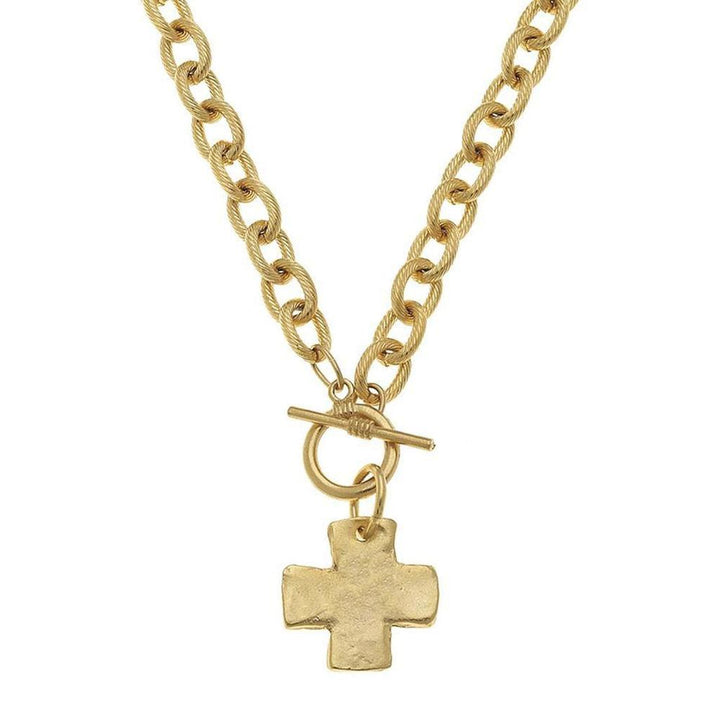 Hand-cast gold cross toggle necklace with textured chain