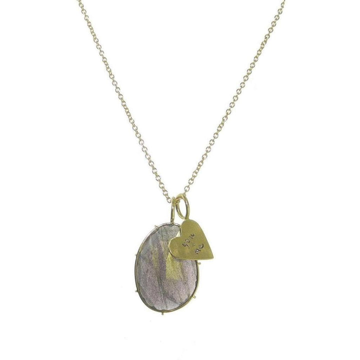 Gold chain necklace featuring an oval aqua moss quartz pendant and a small heart charm.