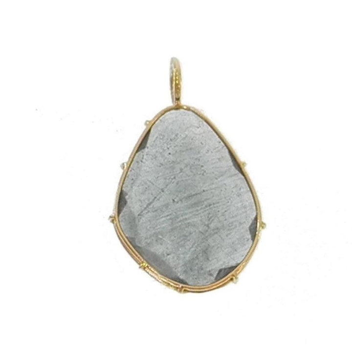 Harriet Stone Aqua Moss Quartz pendant: Gray gemstone, gold bezel setting.