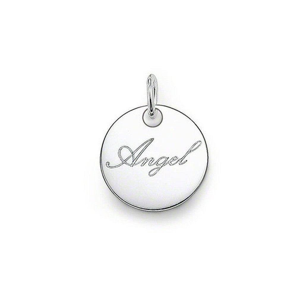 Silver "Angel" heart pendant charm, delicate script.