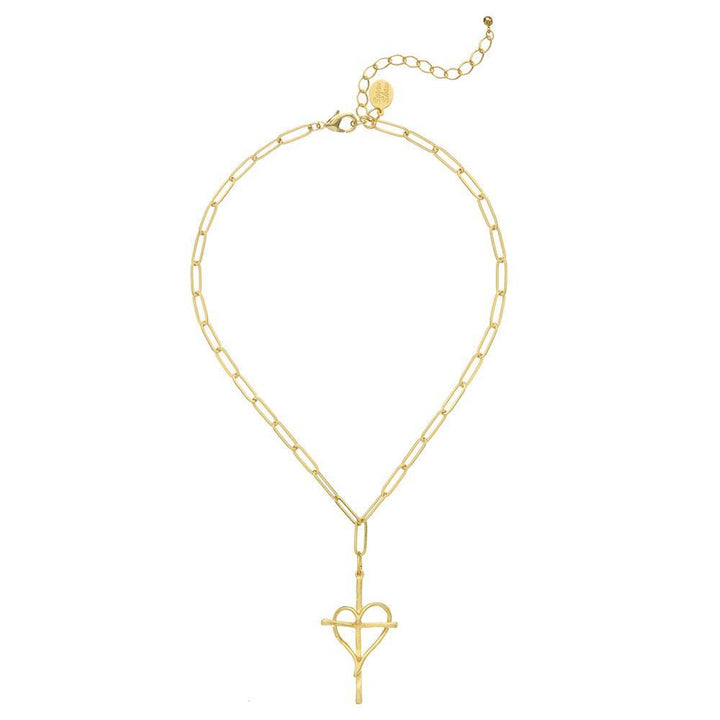 Gold paperclip chain necklace featuring a heart-shaped cross pendant.