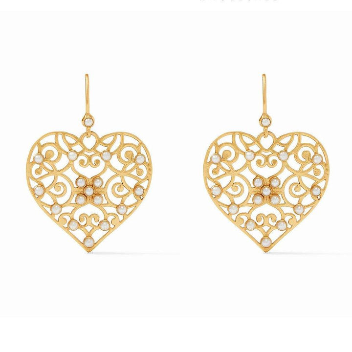 Gold filigree heart earrings adorned with pearls.