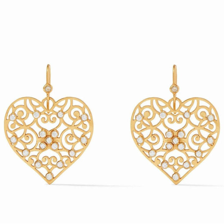 Gold filigree heart earrings with sparkling clear stones.