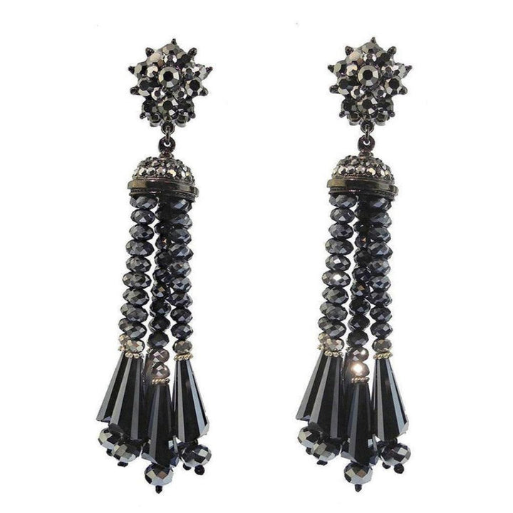 Hematite beaded tassel drop clip earrings; black crystal accents