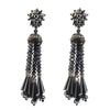 Hematite beaded tassel drop clip earrings; black crystal accents
