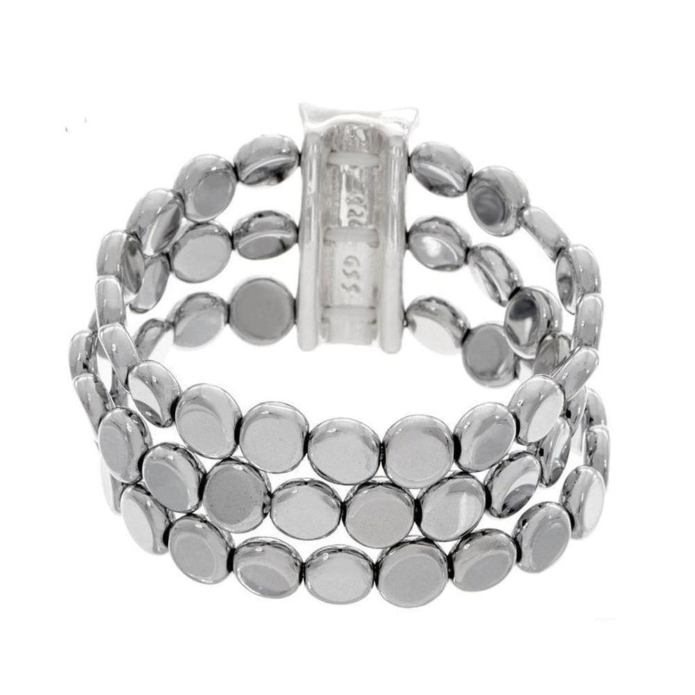 Triple-row hematite stretch bracelet with a silver clasp.