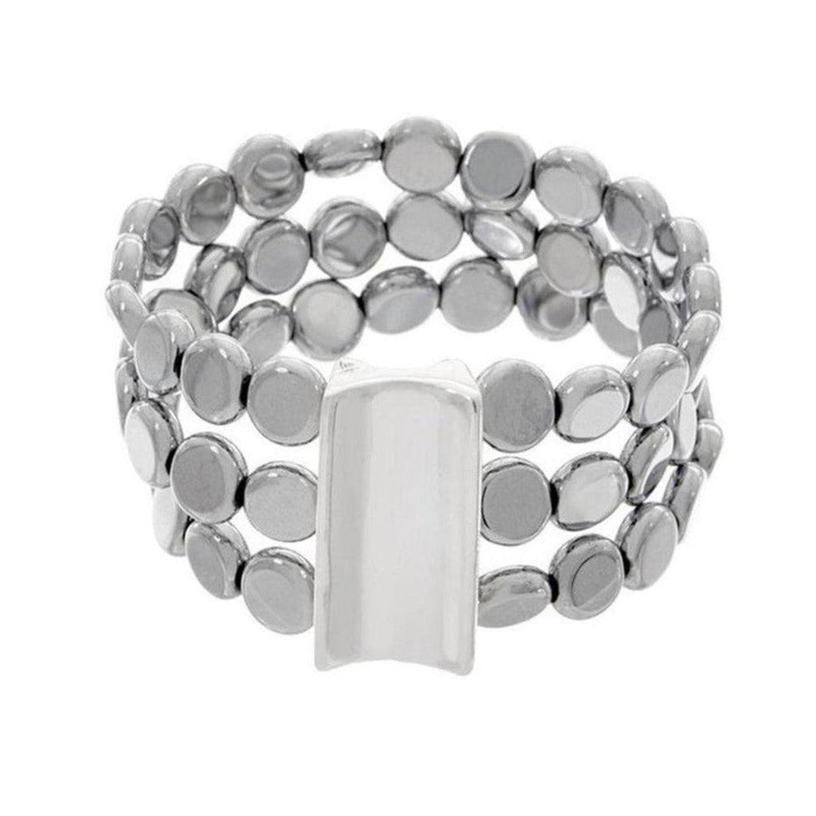 Silver Hematite stretch bracelet with three rows of round beads and a rectangular clasp.