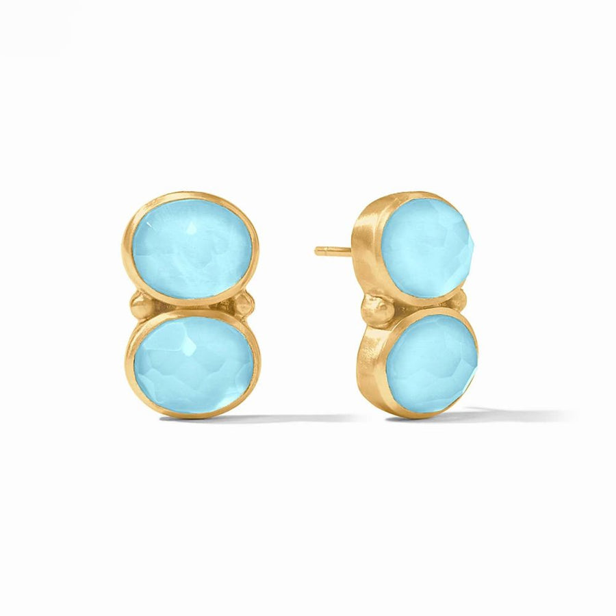 Honey Duo earrings: Light blue chalcedony gemstone double stud earrings with 18k gold plating.