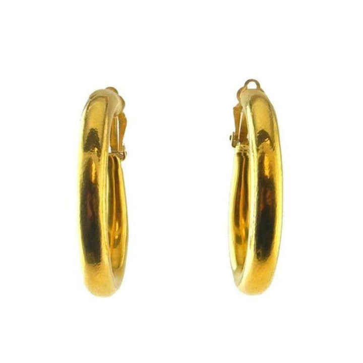 Gold hoop earrings with clip closure, shown against a white background.