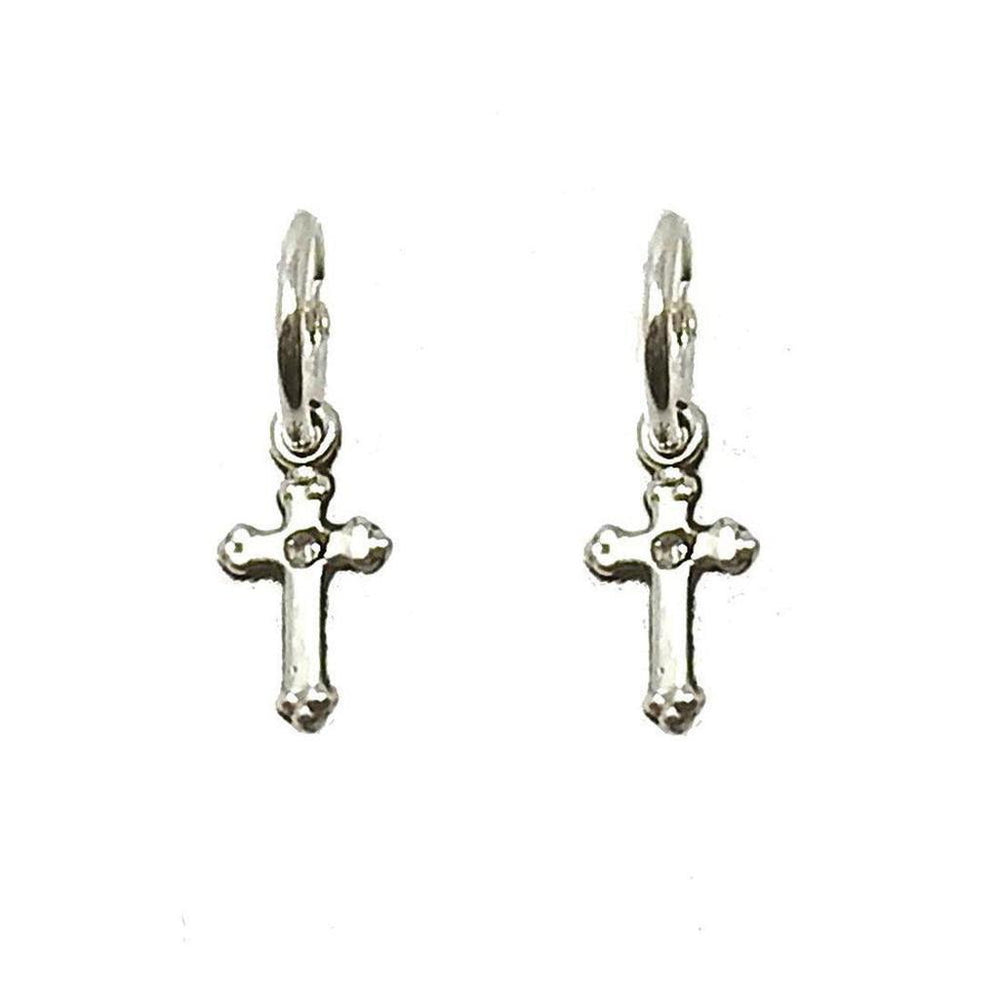 Silver cross charm hoop earrings; delicate design.