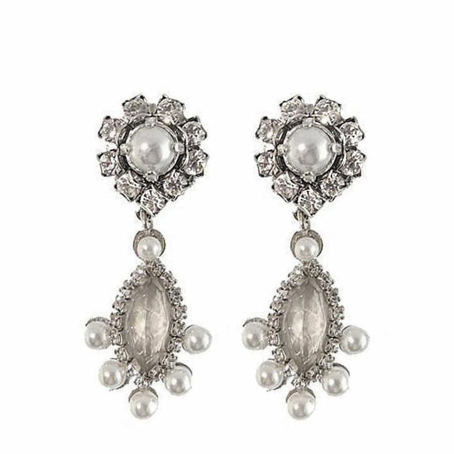 Silver I Do bridal earrings with pearl and crystal accents.
