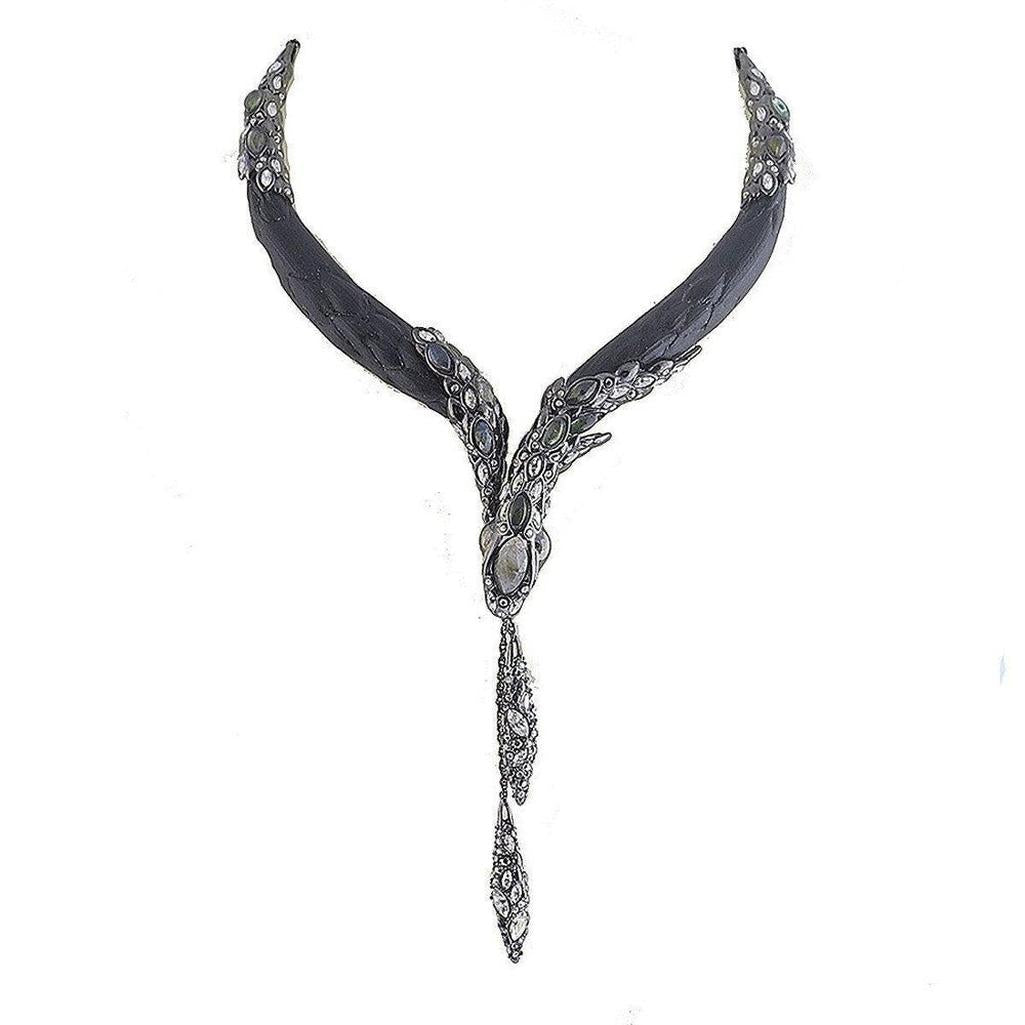 Imperial Snake necklace: Black leather, silver-tone metal, gemstone accents.