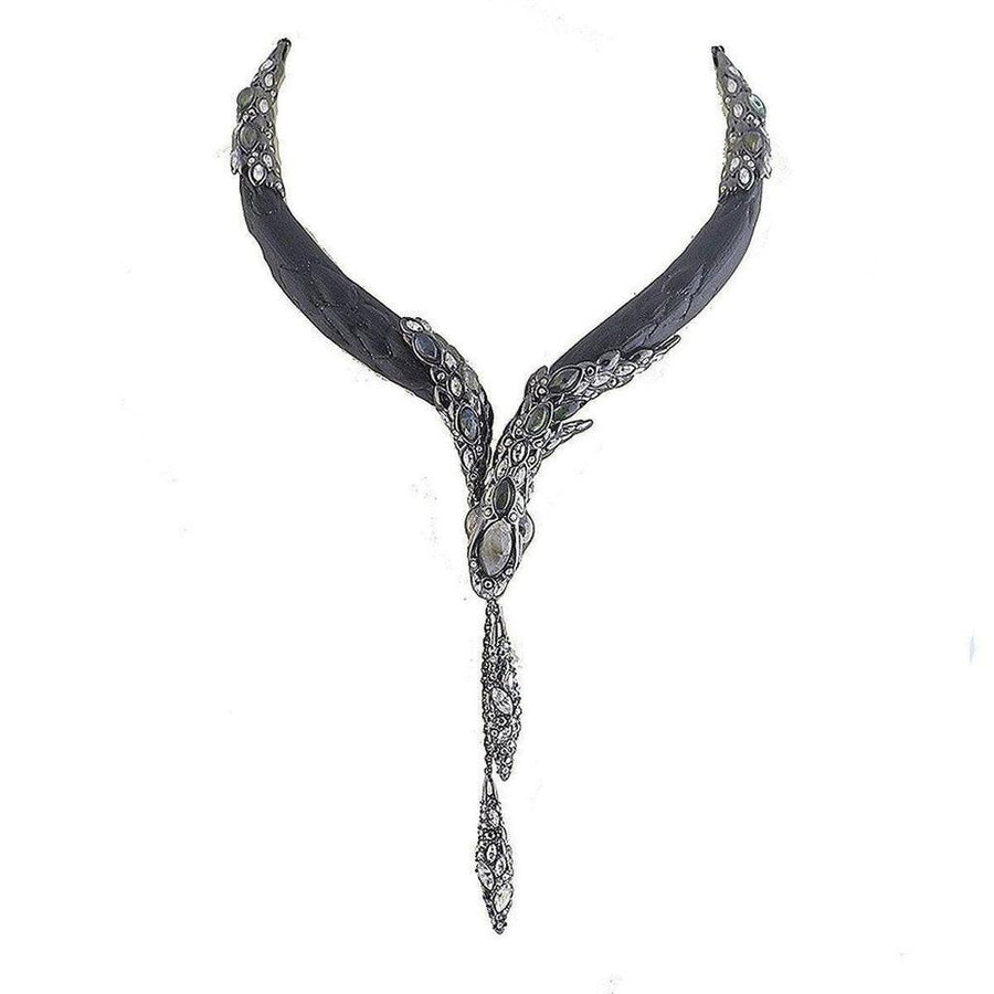 Imperial Snake necklace: Black leather, silver-tone metal, gemstone accents.