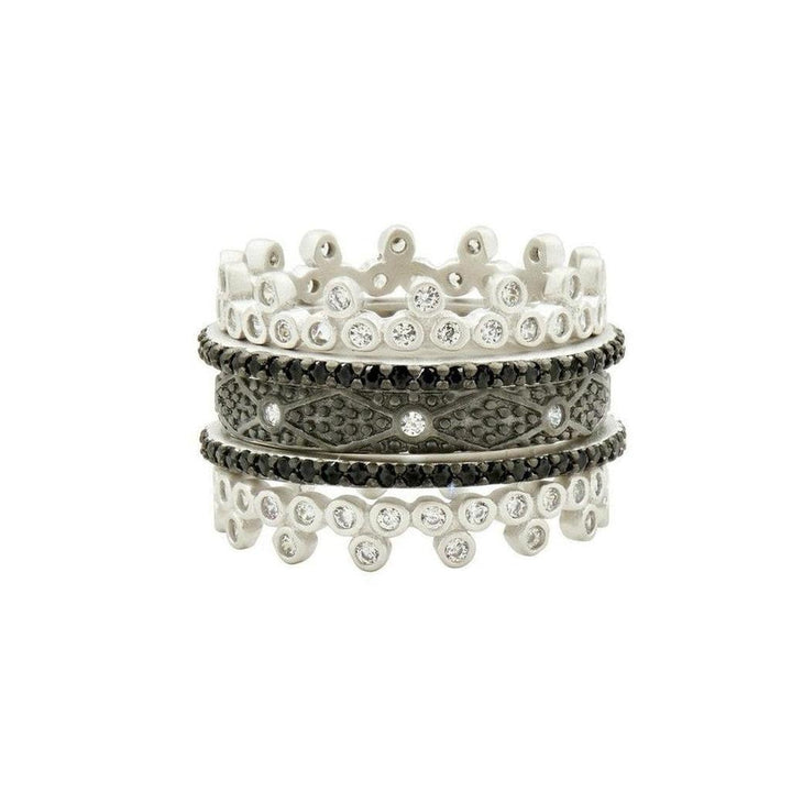 Industrial Finish 5 Ring Stack: Five silver & black rings with sparkling cubic zirconia.