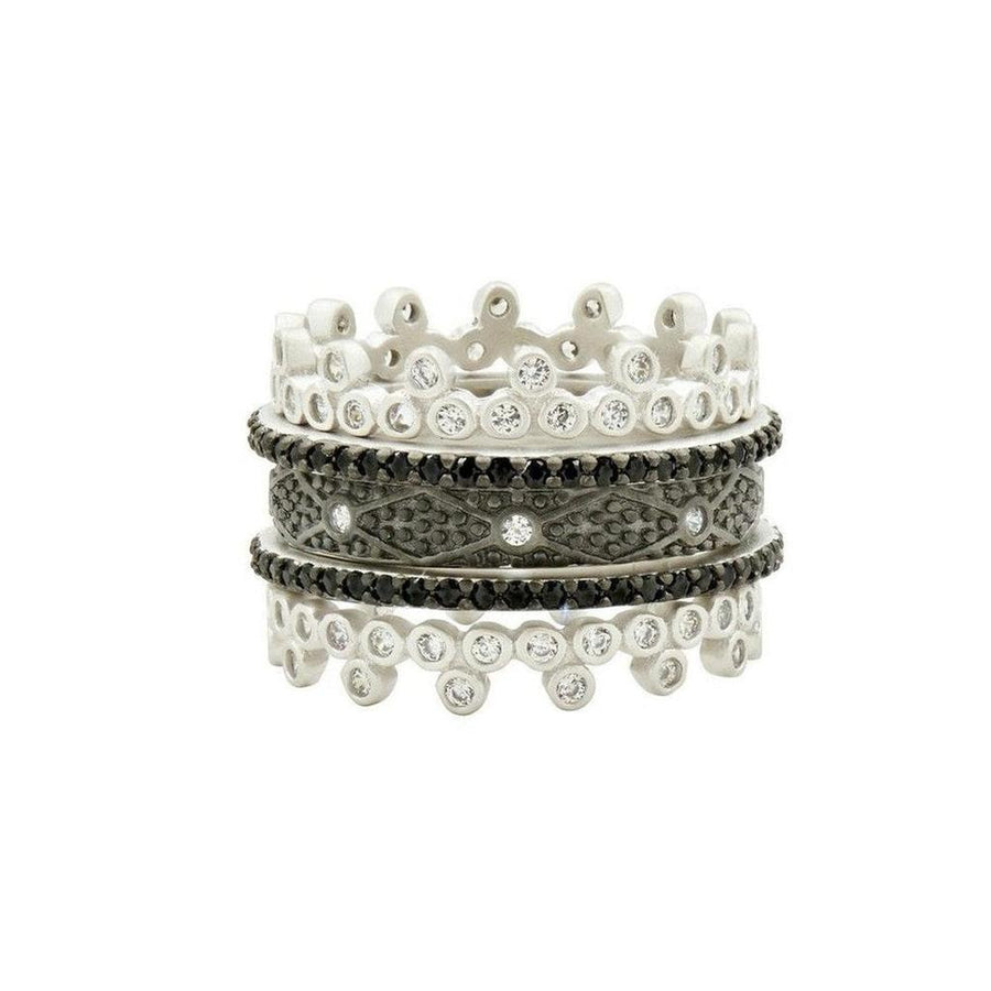 Industrial Finish 5 Ring Stack: Five silver & black rings with sparkling cubic zirconia.