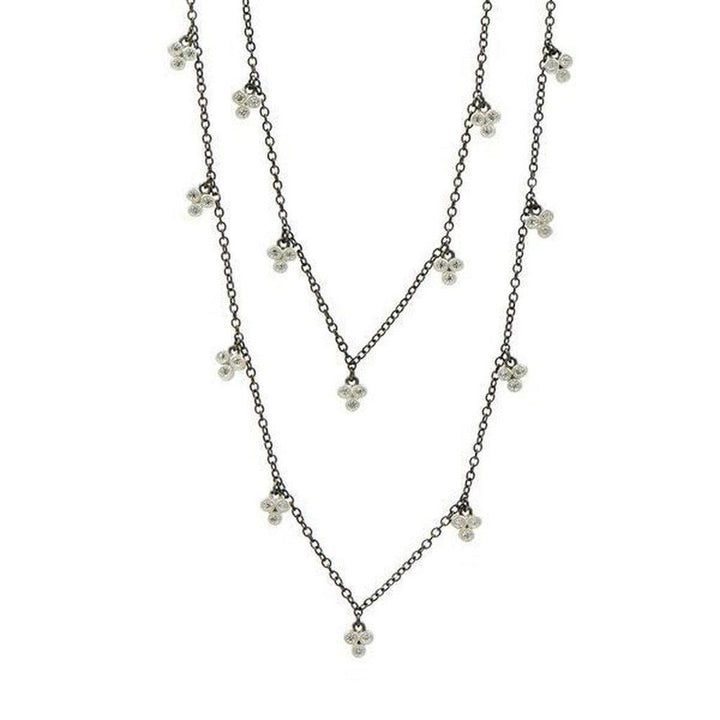 Industrial Three Point Diamond Necklace, oxidized silver chain with dangling clusters
