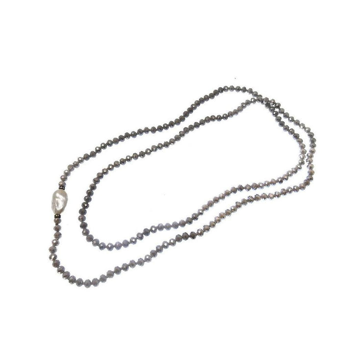 Gray crystal bead necklace with a single pearl accent.