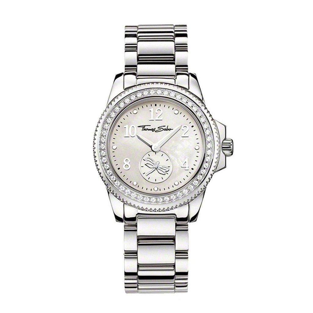 Thomas Sabo It Girl watch: silver stainless steel bracelet, crystal-accented bezel, mother-of-pearl face.