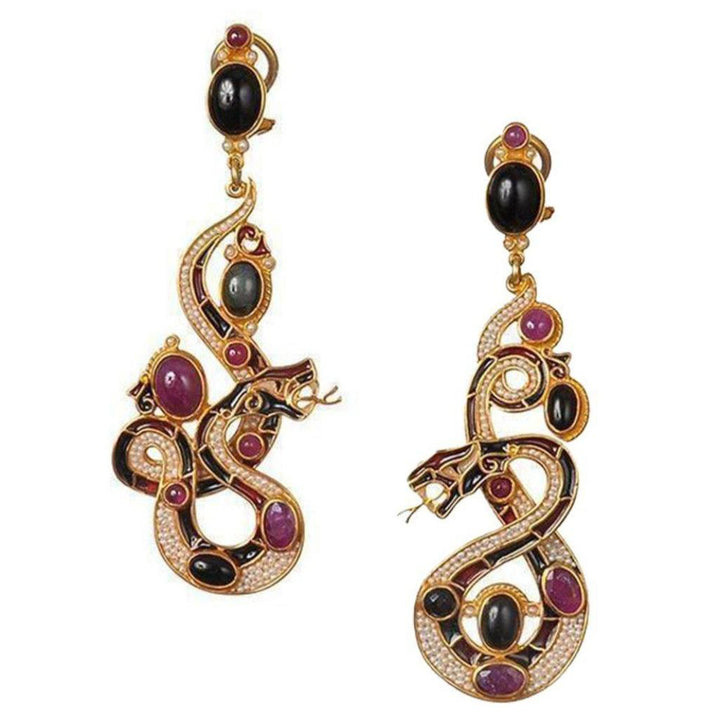 Jeweled Ruby Snake Earrings: Gold, pearl, & ruby snake design dangle earrings with black onyx accents.