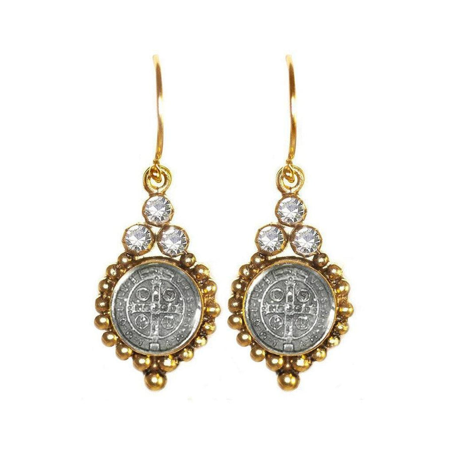 Joanna San Benito gold earrings with St. Benedict medallions and clear cubic zirconia accents.
